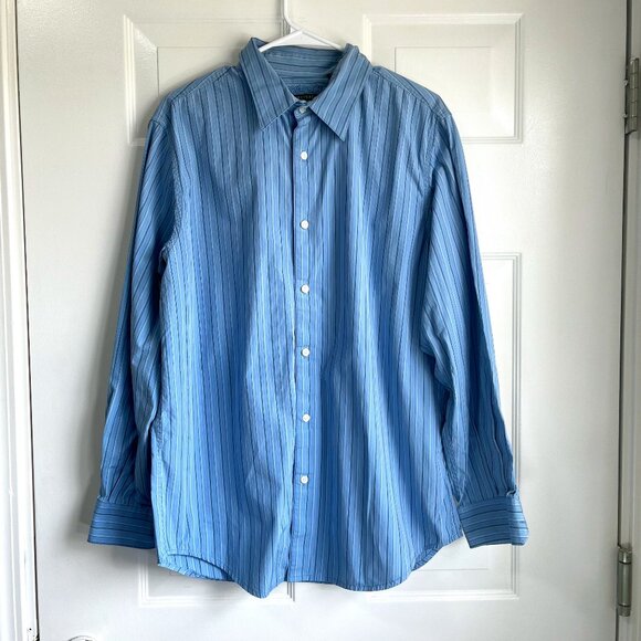 Structure Premium Woven 100% Cotton Botton Down Blue Striped Men's Shirt L 41-43 - Picture 1 of 8